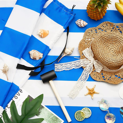 15.7Ft Beach Wind Screen Wind Blocker Privacy Screen With Wooden Poles Mallet And Carry Bag Blue White For Outdoor Fun