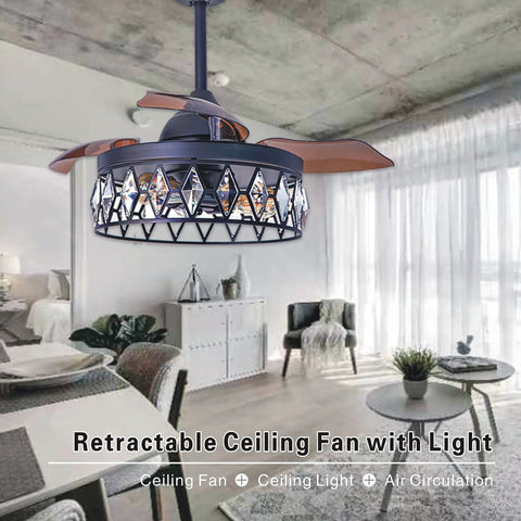 36 Inch Matte Black Crystal Ceiling Fan With Light And Remote, 3 Retractable Blades in modern living room setting
