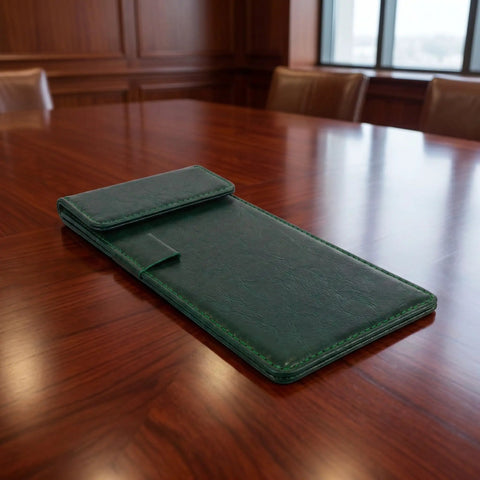 Double Layer Magnetic Signature Board With Soft Leather Cover And Built In Pen Sleeve For Restaurant Receipts And Office Signing Compact Counter Pad on wooden table.