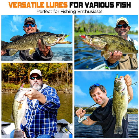 Men holding fish caught with 108 Piece Tackle Box Fishing Lures Set With Paddle Tail Swimbaits Soft Worms Floating Shrimp Lures And Round Jig Heads For Freshwater Crappie Bass Trout All In One Tackle Kit For Men.