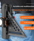 7 Inch Carpenter Square Set With 5 Meter Steel Tape And Belt Loop Aluminum Alloy Rafter Square featuring angle positioning block on waistband.