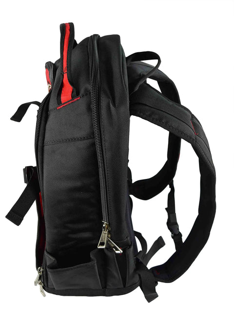 Side view of Pro Grade Jobsite Backpack For Tradesmen With Ultra Durable 1680D Fabric, Water Resistant Molded Base, Padded Shoulders