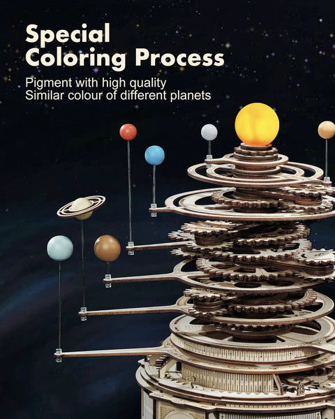 Dope 3D Wooden Orrery Solar System Puzzle Kit For Adults And Teens With Interlocking Gears And A Luminous Sun Lamp A Fun Educational Astronomy Build That's Perfect For Father's Day Gift. Wooden orrery model with colored planets and luminous sun lamp on gear rings.