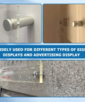 Straight Up Premium 12 Pack Aluminum Standoff Screws Wall Mount Hardware For Acrylic Signs And Glass Displays Featuring Slick Satin Chrome Finish Built Tough For Indoor Outdoor Advertising Boards mounted on a sign display.