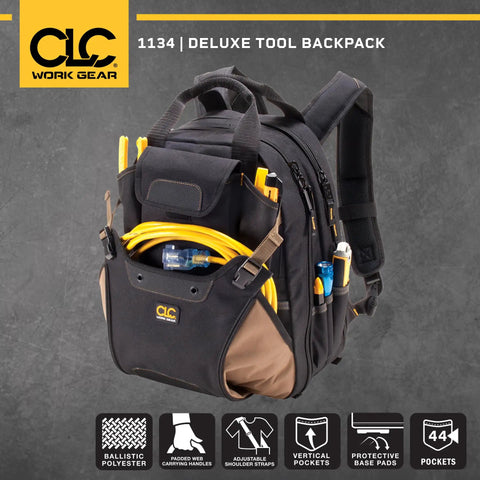 Rugged Carpenter Tool Backpack With 44 Pockets And Padded Back Support, showing dual compartments and external hard hat pocket