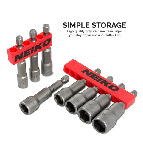 Magnetic One Quarter Inch Hex Shank Impact Nut Driver Set, 8 Piece, Cr V Steel in storage case, sizes 6 to 13 mm.