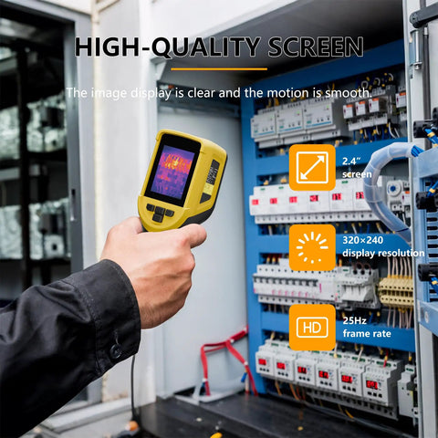 Handheld Thermal Camera With 320x240 TISR Resolution And 120x90 IR High Resolution, Minus Four To One Thousand Twenty Two Fahrenheit Range, 25 Hz Frame Rate, Portable Infrared Imager For Home Inspections, HVAC Maintenance Pros And PC Analysis in use inspecting electrical panel
