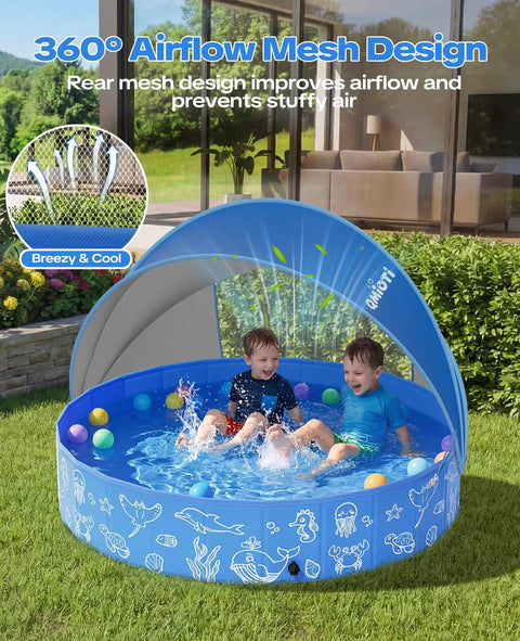Two children in 63 Inch Kiddie Pool With Detachable UPF 50 Plus Canopy Foldable And Portable Non Slip Pool For Backyard Beach