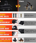 Comparison of Heavy Duty Grade 70 3/8 Inch Bolt On Tractor Bucket Grab Hook With Backer Plate, Galvanized And Powder Coated, Tow Ready Up To 15,000 Lbs, Drop Forged Steel, 2 Pack, Black showing advantages of longer bolts, double reinforcement, precision welding, and coating over standard hooks.