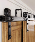Black Rustic Double Track U-Shape Bypass Sliding Barn Door Hardware Kit For Three Doors, 12ft flat track close-up