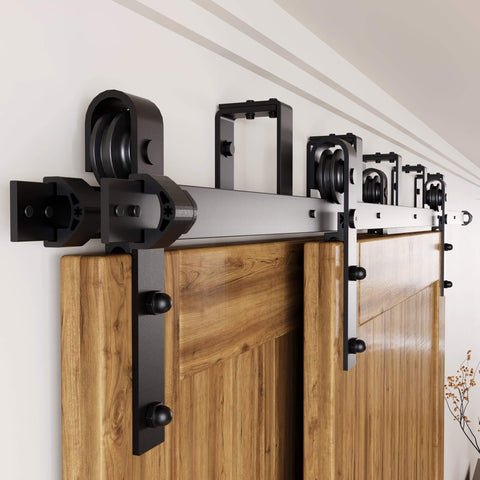 Installed Black Rustic Double Track U Shape Bypass Sliding Barn Door Hardware Kit For Two Doors, 4.5Ft Long Flat Track