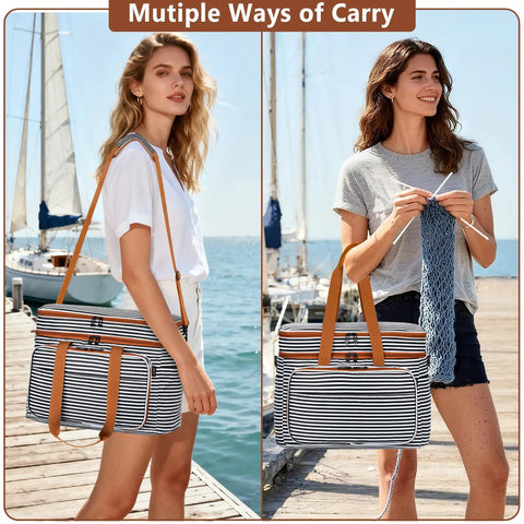 Women carrying 3 Piece Crochet Bag Set With Wrist Yarn Holder Large Waterproof Yarn Tote with black stripes, adjustable strap shown.