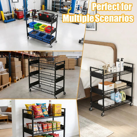Heavy Duty 3 Tier Metal Utility Cart With Locking Casters And 330 Lbs Load Capacity Rolling Storage Organizer in various settings