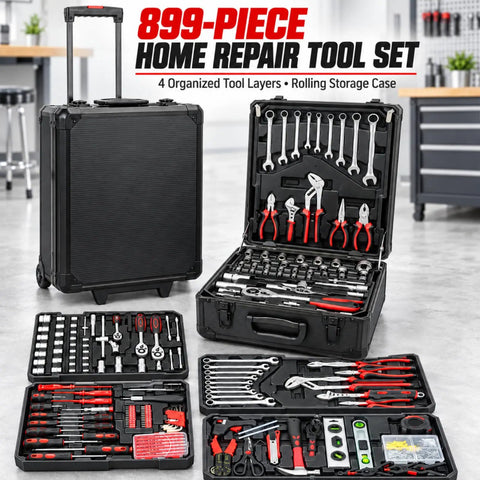 Top Shelf 899 Piece Rolling Toolbox Set With Four Deep Compartments For Tough Home Repairs Garage Mods Diy Fixes And Everyday Handyman Grindin In Sleek Black Finishing with organized tools displayed.