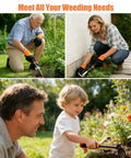 All In One 5 Pack Weed Puller Tool Set With Stainless Steel V Shaped Digger, 4 Tine Cultivator, Crack Weeder in use in garden