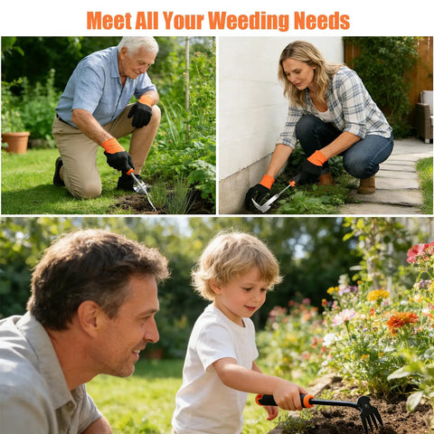All In One 5 Pack Weed Puller Tool Set With Stainless Steel V Shaped Digger, 4 Tine Cultivator, Crack Weeder in use in garden