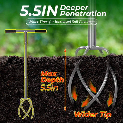 Twist Tiller Hand Tool With Removable Big Claw Garden Claw Cultivator showing 5.5-inch depth penetration in soil.