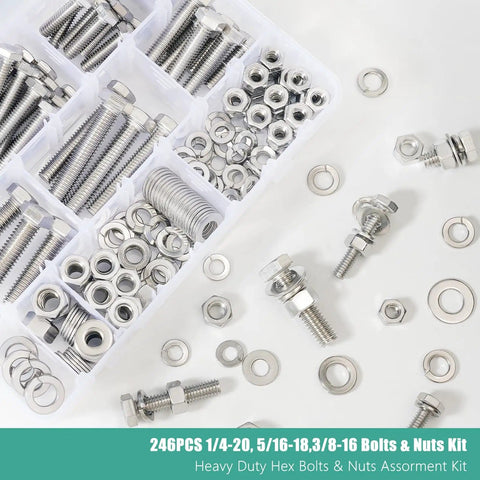 Beefy Heavy Duty Hex Bolts And Nuts Kit With Washers, 304 Stainless Steel, 246-Piece Assortment displayed in box