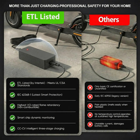 Comparison of ETL Certified 36V Lithium Battery Charger for Electric Scooters and a generic charger with safety features highlighted.