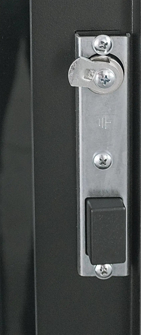 Heavy Duty 19 Inch Network Cabinet Server Rack Enclosure locking mechanism close-up for secure tech equipment storage.