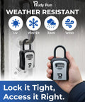 Outdoor Key Lock Box With Four Digit Code For Outside Use Heavy Duty Weatherproof Metal Safe For Keys on a wet surface