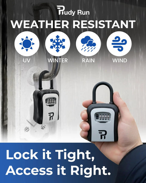 Outdoor Key Lock Box With Four Digit Code For Outside Use Heavy Duty Weatherproof Metal Safe For Keys on a wet surface