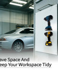 Beefed Up Heavy Duty Drill Holder Wall Mount Universal Cordless Drill Dock 2 Pack Tool Organizer in garage setting with car