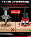 Top Shelf 7 Piece Countersink Drill Bit Set For Woodworking With Adjustable Depth Stop To Nail A Slick Flush Finish Every Time Includes Hex Key And Screwdriver Bit For Your Daily DIY Grind, demonstrating instant stop technology with clear wood comparison.