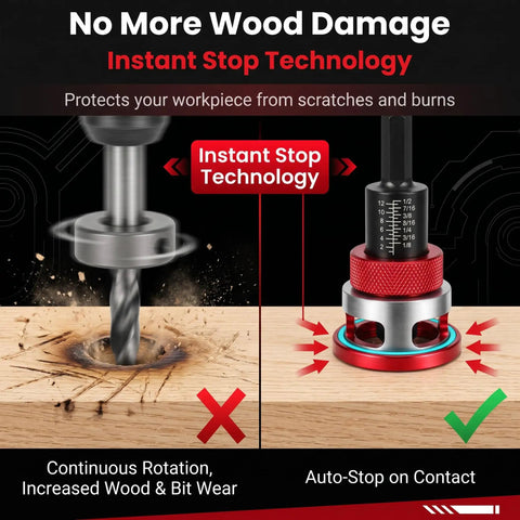 Top Shelf 7 Piece Countersink Drill Bit Set For Woodworking With Adjustable Depth Stop To Nail A Slick Flush Finish Every Time Includes Hex Key And Screwdriver Bit For Your Daily DIY Grind, demonstrating instant stop technology with clear wood comparison.