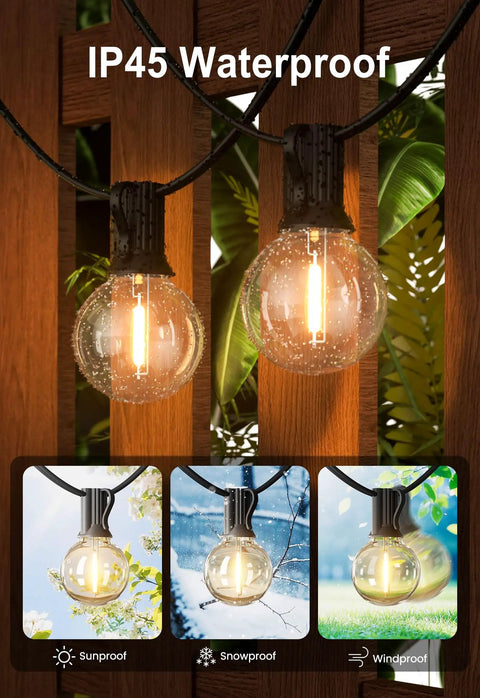 Outdoor String Lights 50 Ft Weatherproof With 27 Vintage Shatterproof LED Edison Bulbs showing IP45 waterproof feature