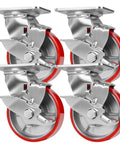 Set Of Four Heavy Duty Industrial Swivel Caster Wheels With Locking Brakes 4000 Lb Capacity dual bearing and 5 inch polyurethane tires.