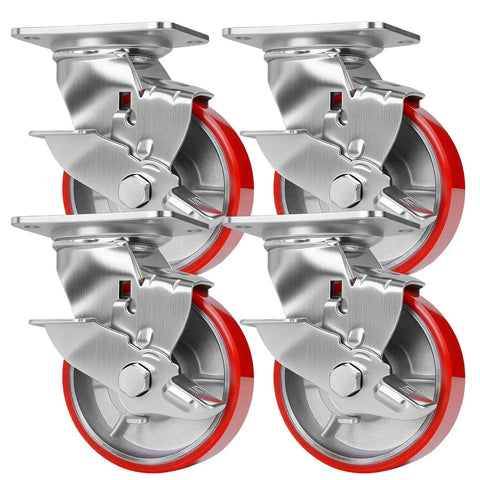 Set Of 4 Premium Heavy Duty Workbench Casters 5 Inch Swivel Plate Wheels with locking brakes for garage projects.