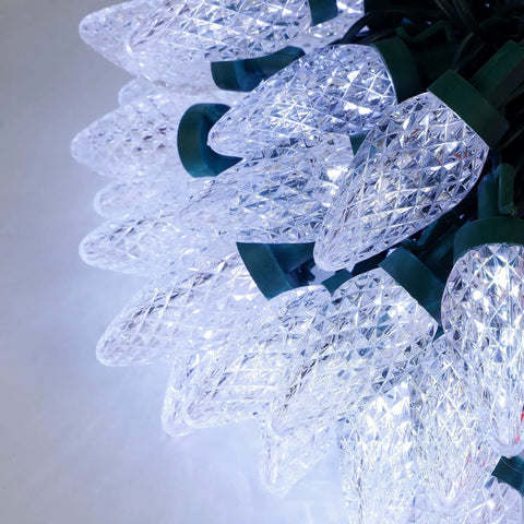 Faceted Green C9 Christmas String Lights With 50 LEDs And 24.5 Foot Connectable Length Indoor Outdoor UL Certified Light Strand