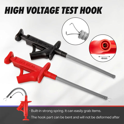 Red and black high voltage test hooks from All In One 29 Piece Multimeter Test Leads Kit With Replaceable Wire Piercing Probes.