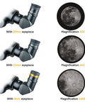 Close-up of eyepieces for 102mm Refractor Telescope For Beginners With Equatorial Mount Ideal For Adults And Kids Ages 8 To 12 High Clarity Optics Includes Phone Adapter And Wireless Remote Easy Setup For Home Stargazing And Astronomy Education showing 20mm, 10mm, and 4mm options alongside moon magnifications 33X, 66X, 165X.