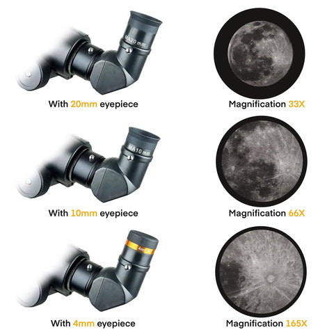 Close-up of eyepieces for 102mm Refractor Telescope For Beginners With Equatorial Mount Ideal For Adults And Kids Ages 8 To 12 High Clarity Optics Includes Phone Adapter And Wireless Remote Easy Setup For Home Stargazing And Astronomy Education showing 20mm, 10mm, and 4mm options alongside moon magnifications 33X, 66X, 165X.