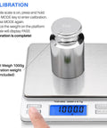 On The Go Pocket Scale With 2000g Capacity And 0.1g Precision, 6 Weighing Units, shows calibration weight and LCD display.