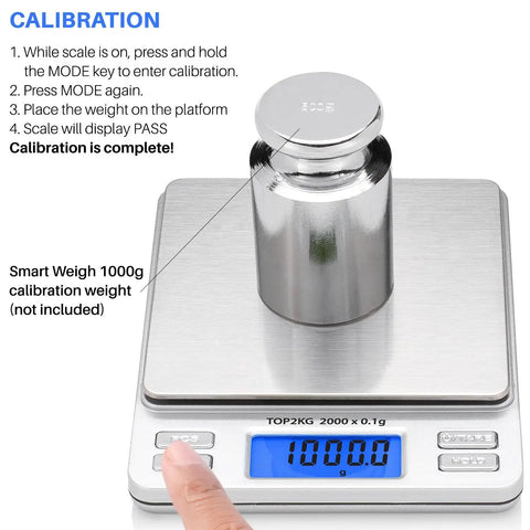 On The Go Pocket Scale With 2000g Capacity And 0.1g Precision, 6 Weighing Units, shows calibration weight and LCD display.