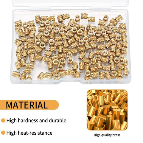 150 Pieces M3 Knurled Threaded Inserts For 3D Printing Heat Set Brass Nuts shown in a clear storage box
