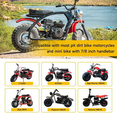 7/8 Inch Twist Throttle Cable Handle Kit installed on mini bike by river with multiple mini bike models shown.