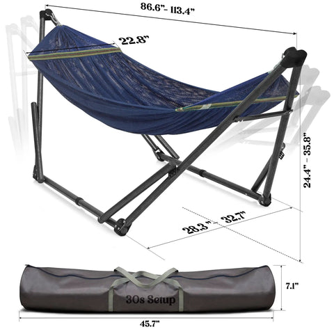 Adjustable Hammock With Sturdy Collapsible Stand For Camping And Outdoor Use 550 Lb Capacity Double Hammock With Foldable Noiseless Frame Includes Carry Bag Easy Setup Weather Resistant Material Aegean, shown with dimensions and carry bag