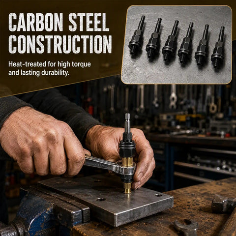 Rivet Nut Kit With Organizer Box M3 Through M8 Drill Adapter Set Includes 10 Pcs Per Model With Custom Slots For Mandrels And Hardware, Pro Grade Workshop Essential For Automotive And Metalworking DIY Projects, Keeps It Neat And Ready To Tackle. Carbon steel mandrels in use on metal plate.