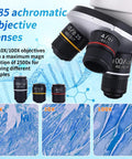 Kids And Adults Microscope With 40X To 2500X Magnification showing objective lenses and magnification examples.