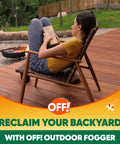 Woman relaxing on patio with book after using Outdoor Insect And Mosquito Fogger Kills And Repels Bugs In Your Yard For Backyard Hangouts