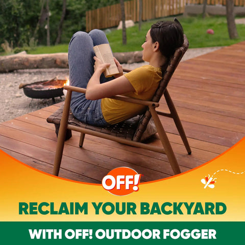 Woman relaxing on patio with book after using Outdoor Insect And Mosquito Fogger Kills And Repels Bugs In Your Yard For Backyard Hangouts