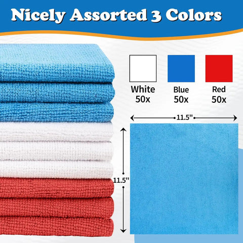 12 Pack Microfiber Cleaning Cloths For Cars And Home, Lint Free No Cap Streak Free Towels, bulk in white, blue, and red, 11.5 inch