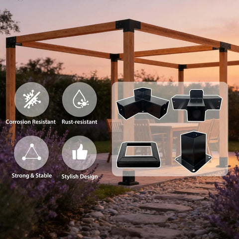 Beefed Up Iron Pergola Bracket Kit For 4x4 Posts With 3 Way And 4 Way Corner Brackets Includes Metal Base And Screws For Gazebos And Pergolas Built To Last, showing corrosion and rust-resistant features.