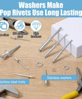 450 Pcs 304 Stainless Steel Pop Rivets With Washers Kit in 8 SAE Sizes on wooden surface with tools