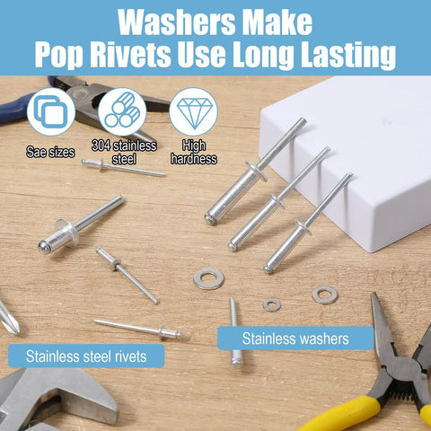 450 Pcs 304 Stainless Steel Pop Rivets With Washers Kit in 8 SAE Sizes on wooden surface with tools