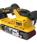 Heavy Duty 20V Max Cordless Belt Sander With A Badass Brushless Motor And Hassle Free Airlock Dust Capture For Top Tier Woodworking And Smoother Finish Results Tool Only side view showing yellow and black design with sanding belt.